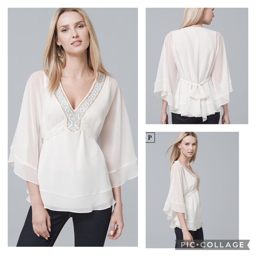 White House Black House Petite Embellished-Trim Kimono Blouse